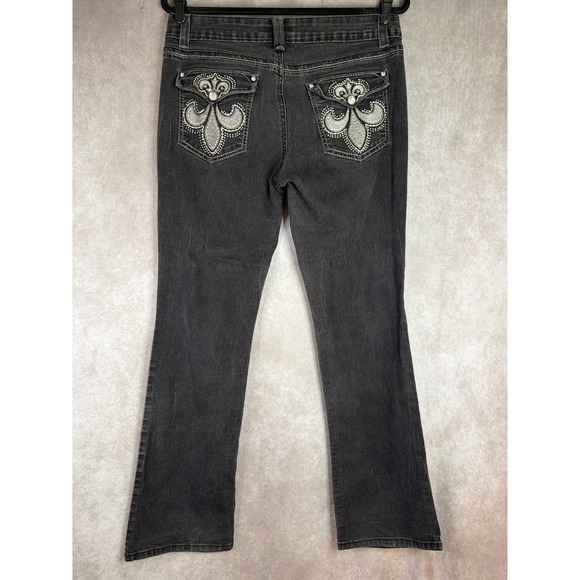 L.E.I. Denim - Y2K LEI Ashley Jeans 13 Black Low Rise Slim Bootcut Embroidered Fleur dis Lis